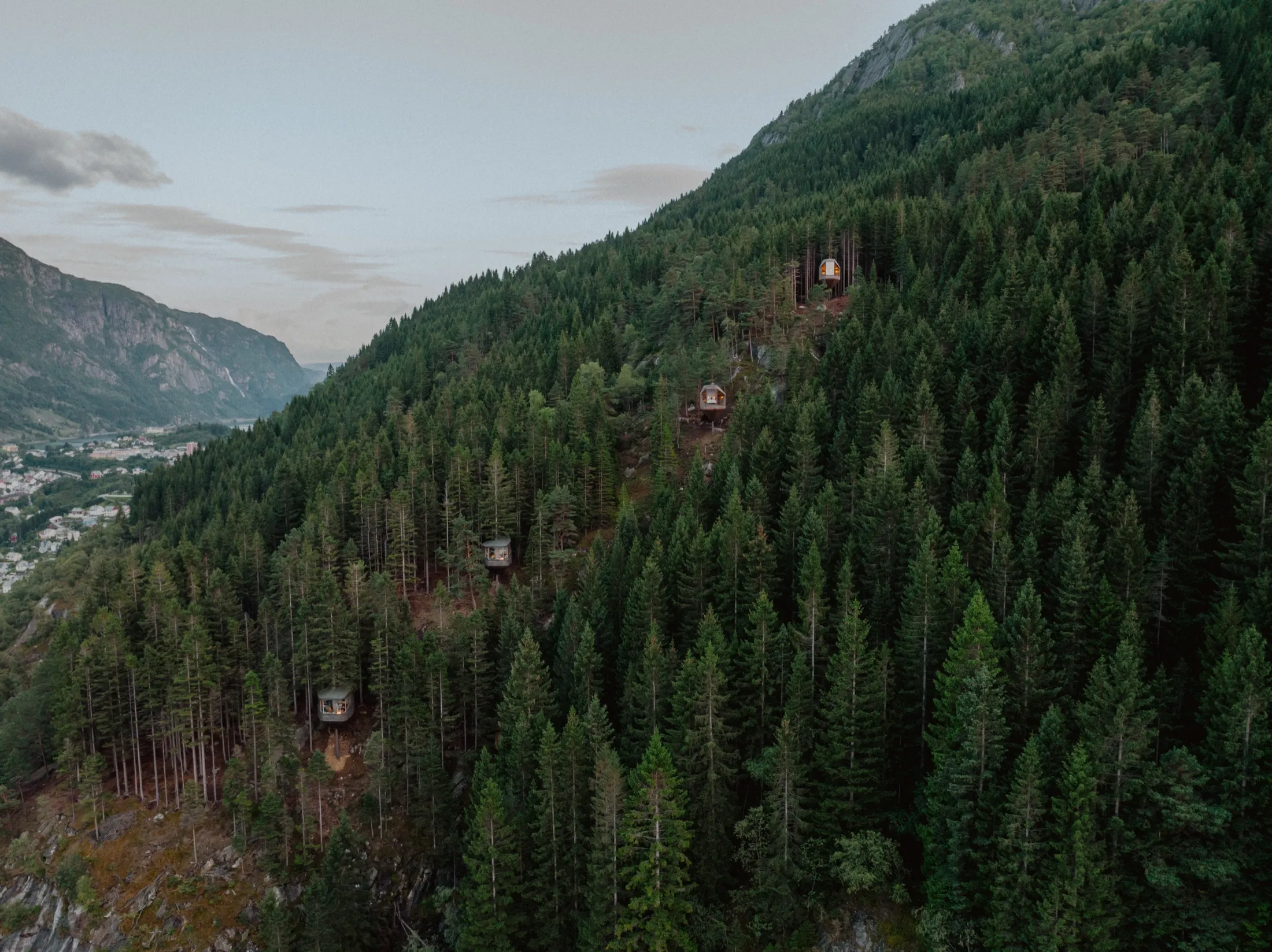 Dronefoto av Woodnest trehytter i Odda – Zm Media